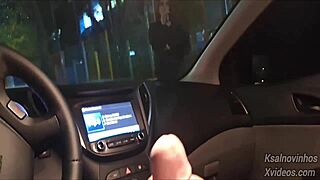 Risky public handjob happens to hot teen girl on the street from passing car