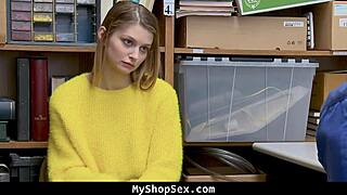 This busty blonde teen got caught shoplifting and ended up riding the lp officer's cock in the office. She took it hard in cowgirl for a tight domination fuck.