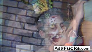 Asian babe Asa Akira takes hardcore anal fucking leading to zombie-themed creampie in her ass.