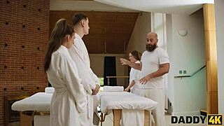 young brunette gets a massage from old daddy leading to cheating shaved pussy sex and tattoo fun