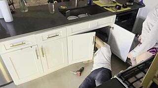 Redhead girlfriend flashes and teases plumber outdoors. She sucks his huge cock and swallows cum in toilet.