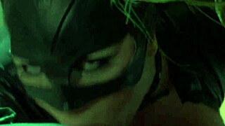 Katwoman Jennifer Dark prowls into prison cage for 3way with big tits blowjob and muff diving action.