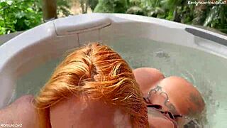 the redhead amateur bends over in the jacuzzi, giving blowjob and riding doggystyle with romulo pontess