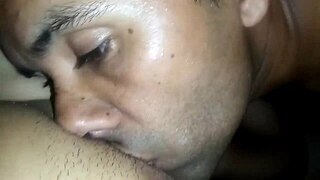 Brunette amateur hints at intense pleasure from her cousin's tongue on her big swollen vagina.