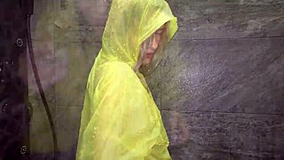 horny girlfriend giving blowjob with raincoat in shower ending with cumshot on face