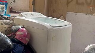 WHOA, Neighbor HIDES While Woman Washes Clothes OUTDOORS With Big Ass And Small Tits SPREADING Wet Pussy!