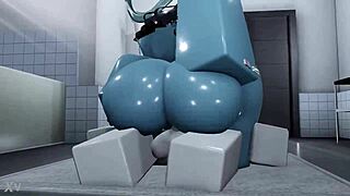 blue girl engages in intimate encounter