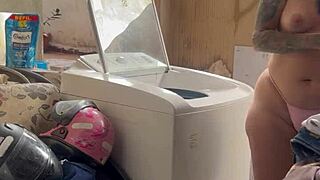 WHOA, Neighbor HIDES While Woman Washes Clothes OUTDOORS With Big Ass And Small Tits SPREADING Wet Pussy!