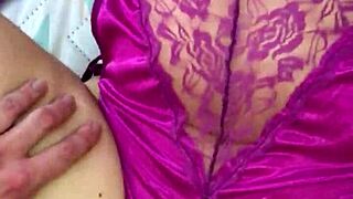 Colombian babe in purple satin lingerie and thong spreads for intense panty fuck play with slow teasing moves.