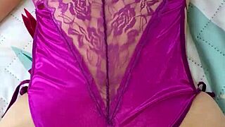 Colombian babe in purple satin lingerie and thong spreads for intense panty fuck play with slow teasing moves.