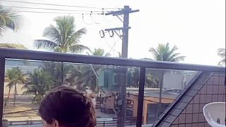 Bold exposure as husband catches wife flashing big pussy in bikini on balcony