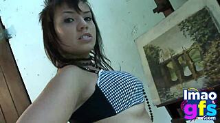 Cute brunette babe licks her rounded tits outdoors. She shows perfect ass while reaching orgasm in solo play.