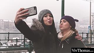 cute blonde and brunette lesbians in lingerie finger and lick each other's pussies to orgasm