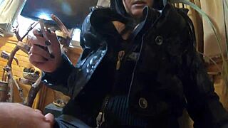 Milfycalla cums on black down jacket and black leather leggings in solo jerk off instructions