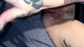Squirting amateur couple in close-up action, then rubbing it all on during interracial masturbation session