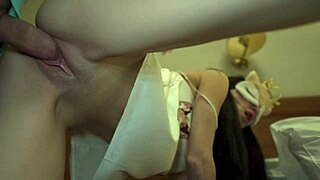 Adorable brunette BITCH fondles her PUSSY and FUCKS hard with a classmate on camera in amateur video