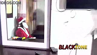 christmas gift from santa with ebony babe in bedroom casting