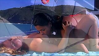 blonde and brunette have sensual lesbian sex on the boat with kissing and licking