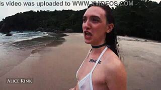 Alice kink taking her micro bikini off at the public beach - sp