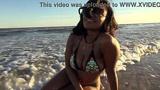 Getting naked at the beach with big ass black ebony elegance dancing in outdoor public setting.