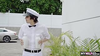 Paris the Muse, hot milf, catches milk man for cumshot workout.