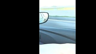 Amateur Milf Flashing Pussy and Masturbating in Car on Highway