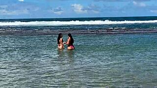 Brazilian Brunettes with Big Asses Kissing Passionately on Public Beach
