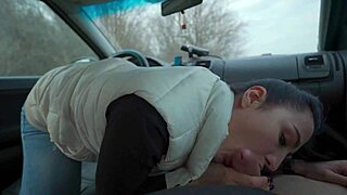 Brunette college beauty gives deepthroat blowjob and rides in her car outdoors