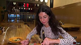 Surprisingly cum on her face in public sushi bar then she eats rolls covered in it