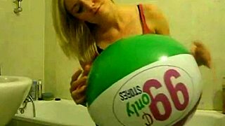 Sophie contrasts hairy blonde teen masturbation with balloons in living room versus steamy bathroom fetish play