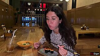 Surprisingly cum on her face in public sushi bar then she eats rolls covered in it