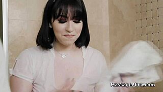 so this curvy plumber chick gets all wet in the shower and starts gagging on the masseur's cock during her massage