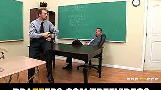 I love how busty brunette college dean phoenix marie takes two cocks at work