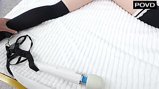 Bedroom bondage with petite brunette tied up for doggystyle creampie pov sex in missionary