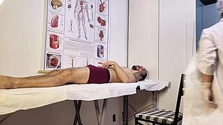 patient gets erect during exam so brazilian nurse handles his big cock with deepthroat.