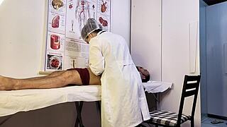 patient gets erect during exam so brazilian nurse handles his big cock with deepthroat.
