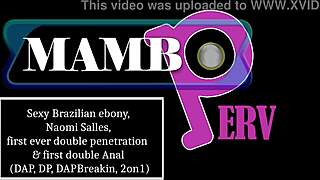 Sexy Brazilian ebony Naomi Salles tries her first double penetration with big black cock in interracial atm action wearing heels.