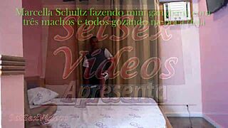 Pretty Latina milf Marcella Schultz takes cum in mouth from gangbang group banging with facial trailer.
