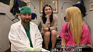 Asian nurse Mina Moon gets bent over in latex gloves for doggystyle pounding and cum blast on back in hospital pov!