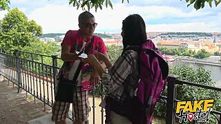 fake hostel... brunette backpacking babe with cute natural tits gets picked up on road journey, sucks cock in car, then fucked hard all around hostel 😏🚗