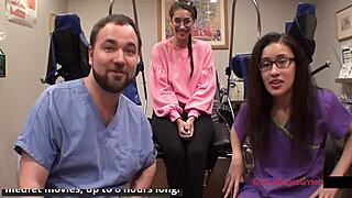 Tampa university entrance physical features Kitty Catherine in nurse gloves and latex at hospital.