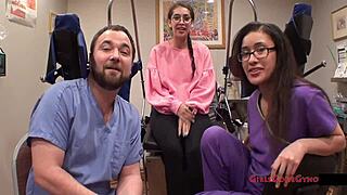 Tampa university entrance physical features Kitty Catherine in nurse gloves and latex at hospital.