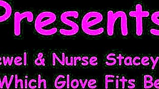 Testing which gloves fit best on nurse Jewel in backstage hospital fetish with latex