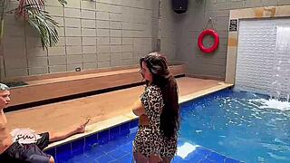 Sexy latina savannah watson with big tits and huge oiled ass enjoys poolside blowjob.