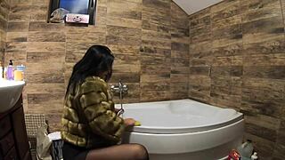 Milfycalla teases with pee play in bathtub wearing fur coat and pantyhose - oh my god, so sexy and tight!
