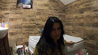 Milfycalla teases with pee play in bathtub wearing fur coat and pantyhose - oh my god, so sexy and tight!