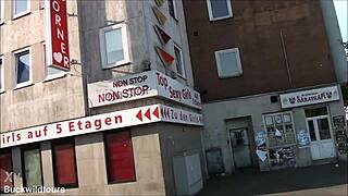 Unexpected contrasts in tourist sights along Reitwallstraße in Hannover Germany draw curious visitors