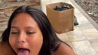 Scort gives public blowjob for 30 dollars to athletic Colombian babe in jeans outdoors