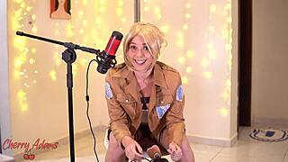 Whoa, this cute blonde in Attack on Titan Annie Leonhart cosplay squirts hard with a sex machine toy