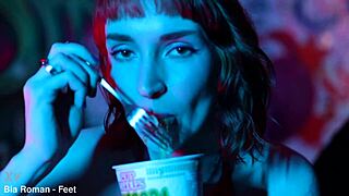 sexy feet crushing cup noodles with redhead femdom domination and toe licking fetish 😈